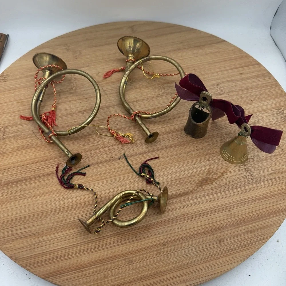 Brass French Horns Christmas Tree‎ (3) or Wreath Ornament And Brass Bells (2)